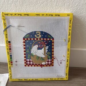 3 French Hen on Basket Needlepoint Framed Canvas 18m 10"x9" Partially Done